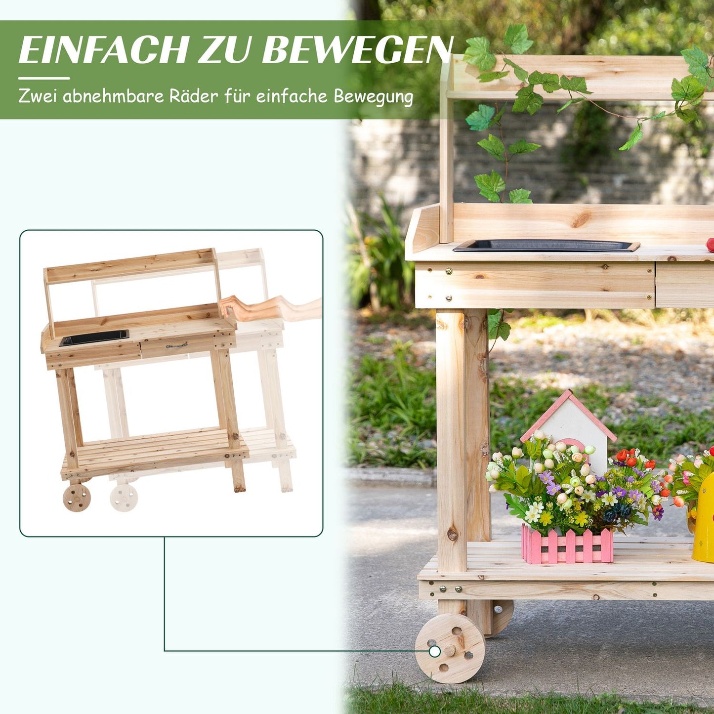 Wooden garden pot table with sink and wheels - 2-tier