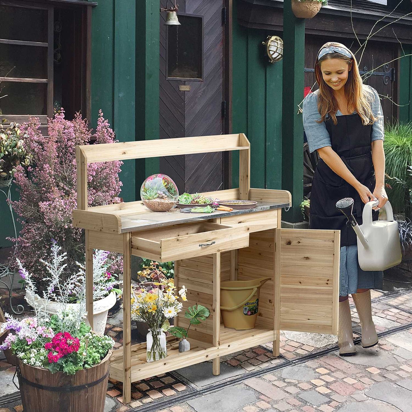 Garden planting table - galvanized sheet, box, cabinet