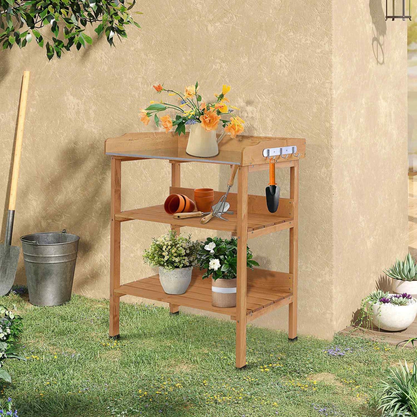 Wood and metal plant table - durable gardening workstation