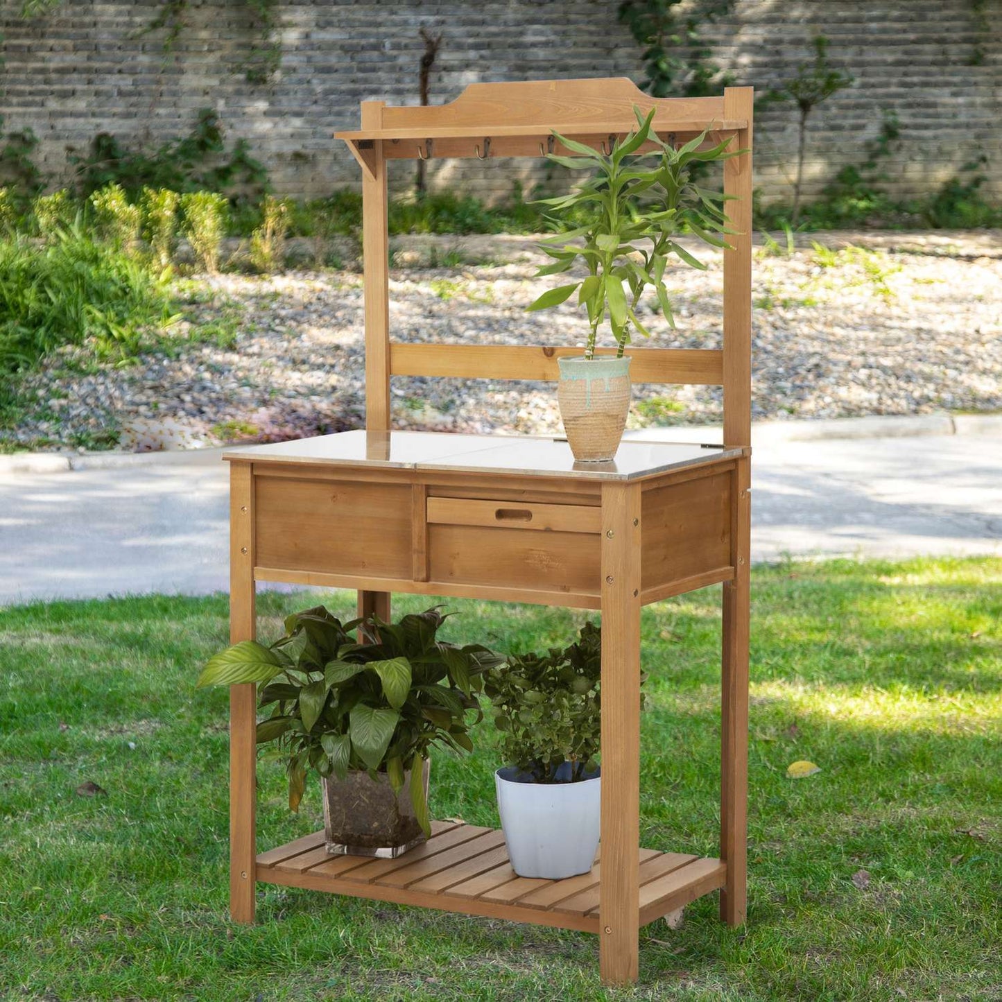 Outdoor planter table, weather resistant galvanized worktop