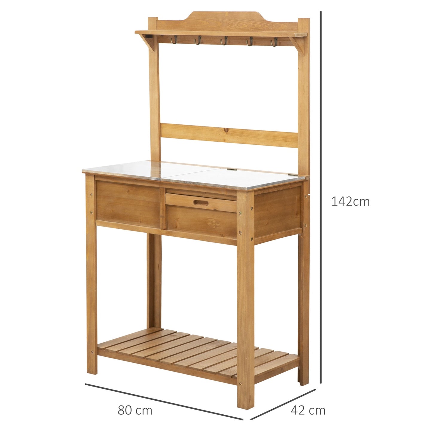 Outdoor planter table, weather resistant galvanized worktop