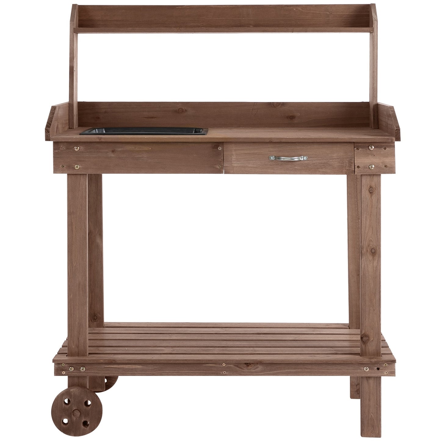 Garden spruce wooden planter table with sink and wheels
