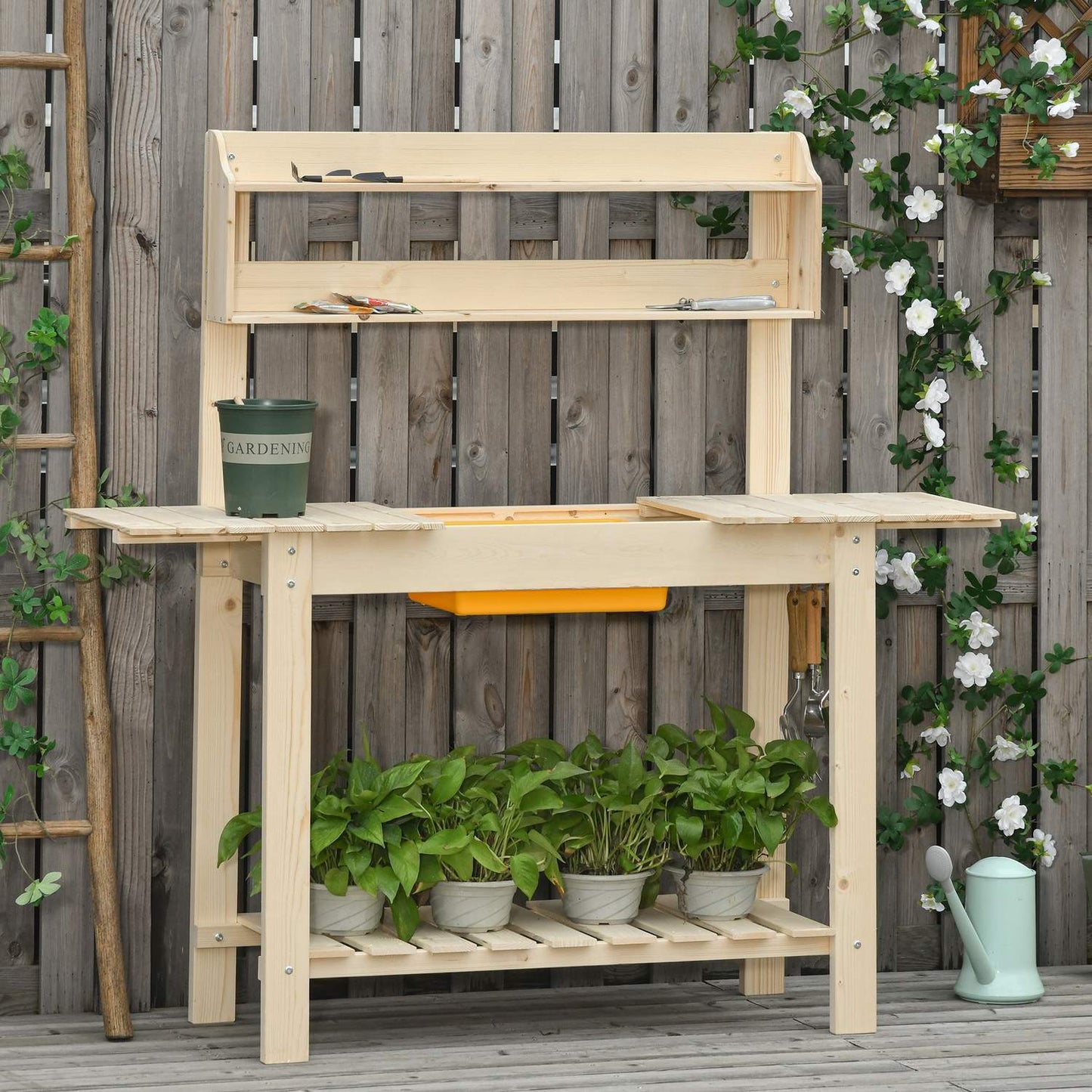 Adjustable spruce garden table with hooks - 100x40x140 cm