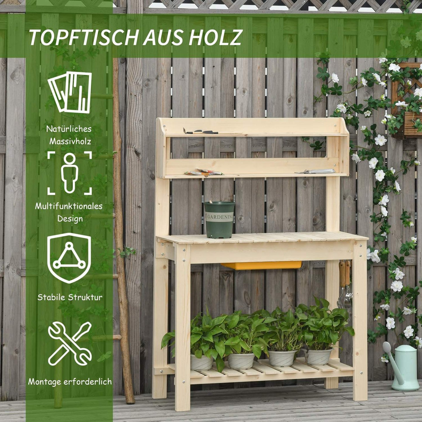 Adjustable spruce garden table with hooks - 100x40x140 cm