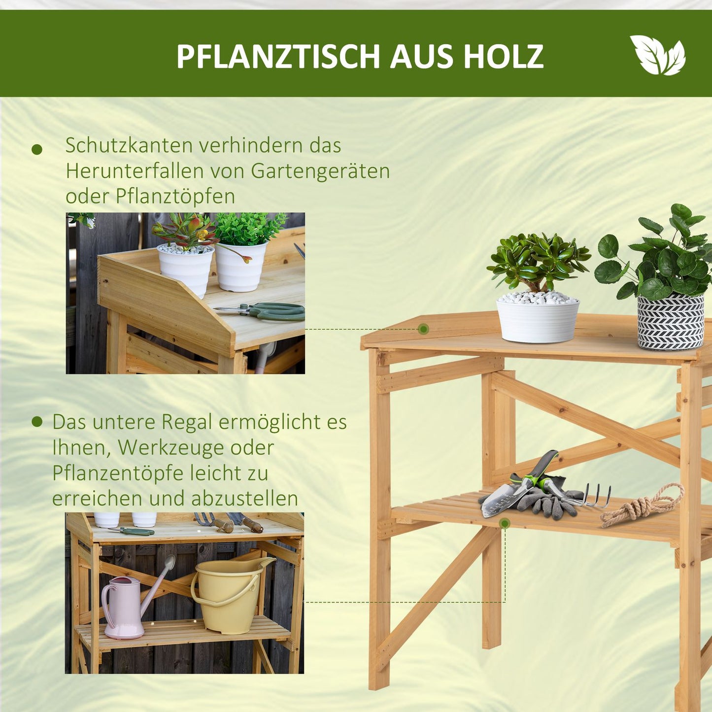 Wooden planter table with storage, Light brown, 80x40x84 cm