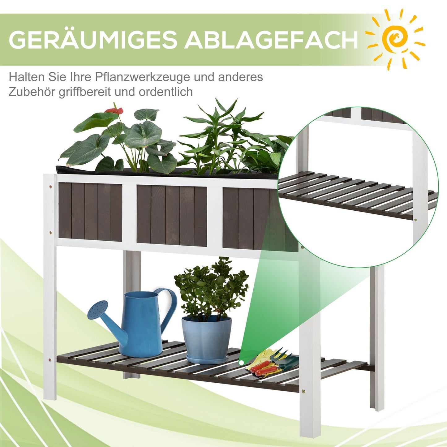 Wooden garden plant table with shelf - spruce wood, 119x57x89cm