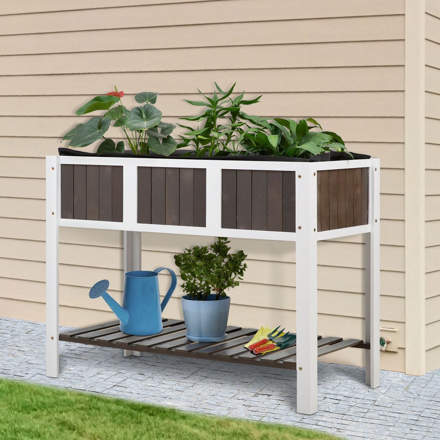 Wooden garden plant table with shelf - spruce wood, 119x57x89cm