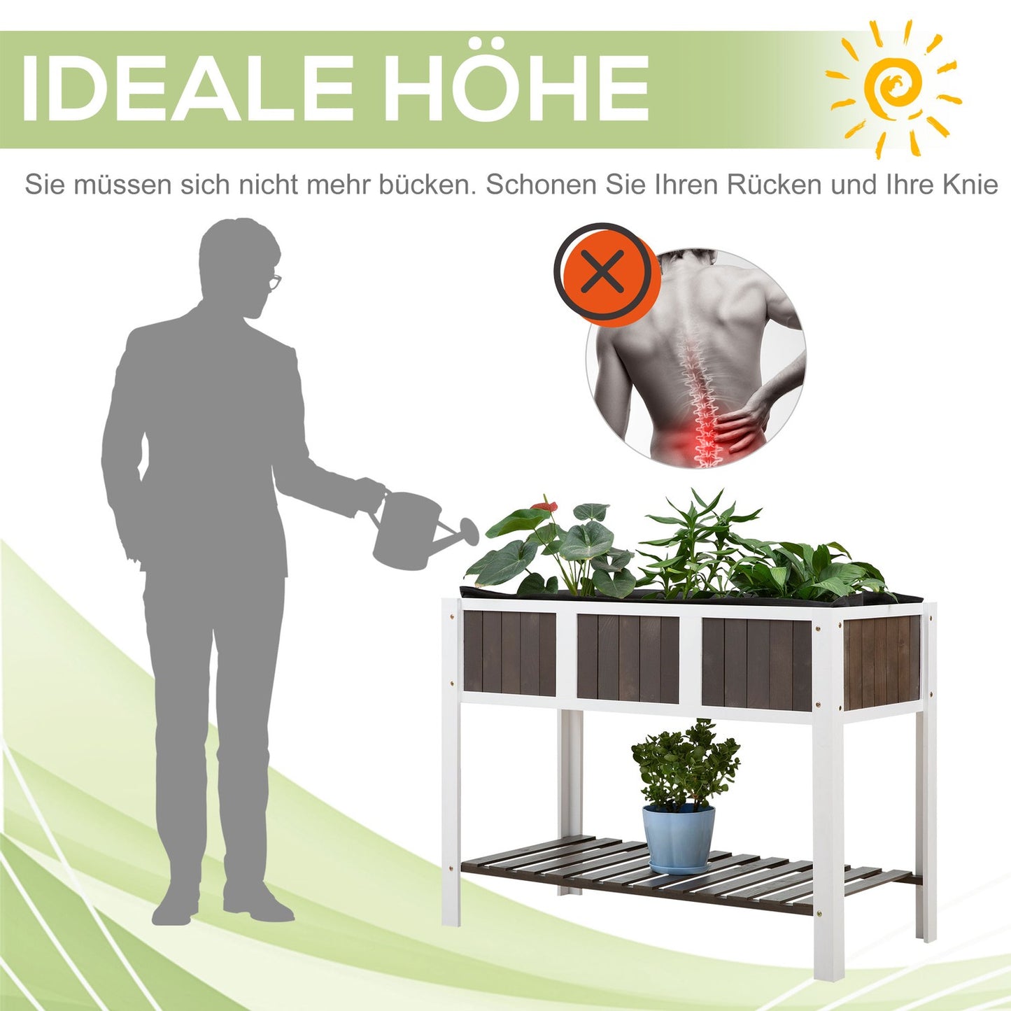 Wooden garden plant table with shelf - spruce wood, 119x57x89cm