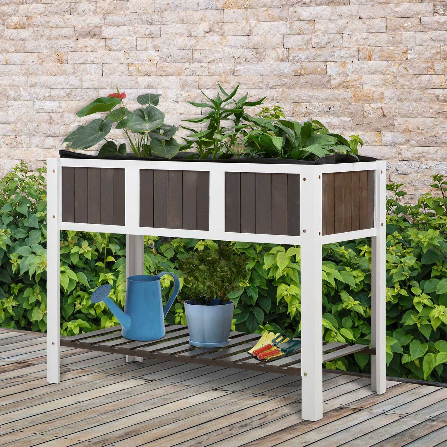 Wooden garden plant table with shelf - spruce wood, 119x57x89cm
