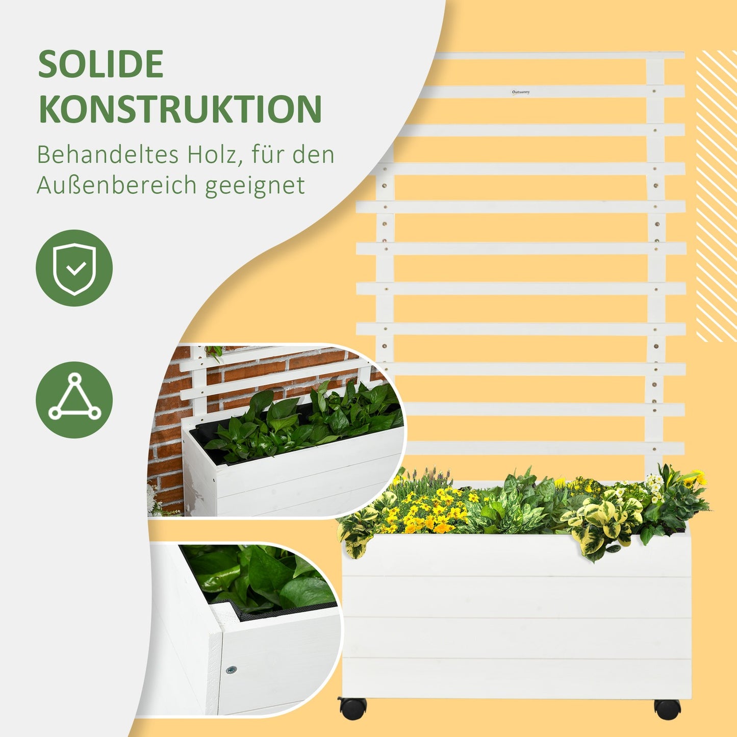 Garden planter box with trellis, wheels, natural wood