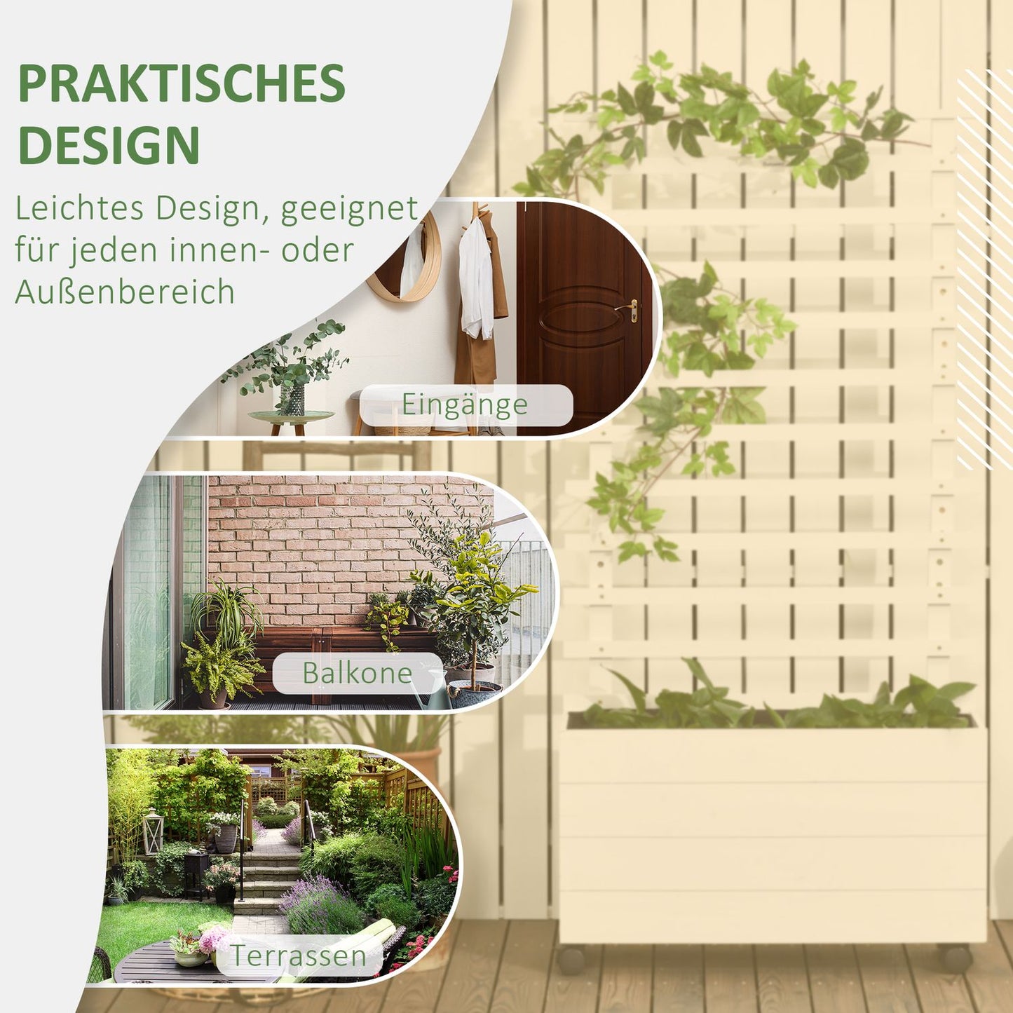 Garden planter box with trellis, wheels, natural wood