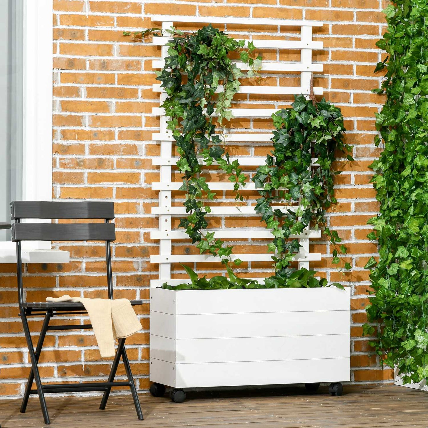 Garden planter box with trellis, wheels, natural wood