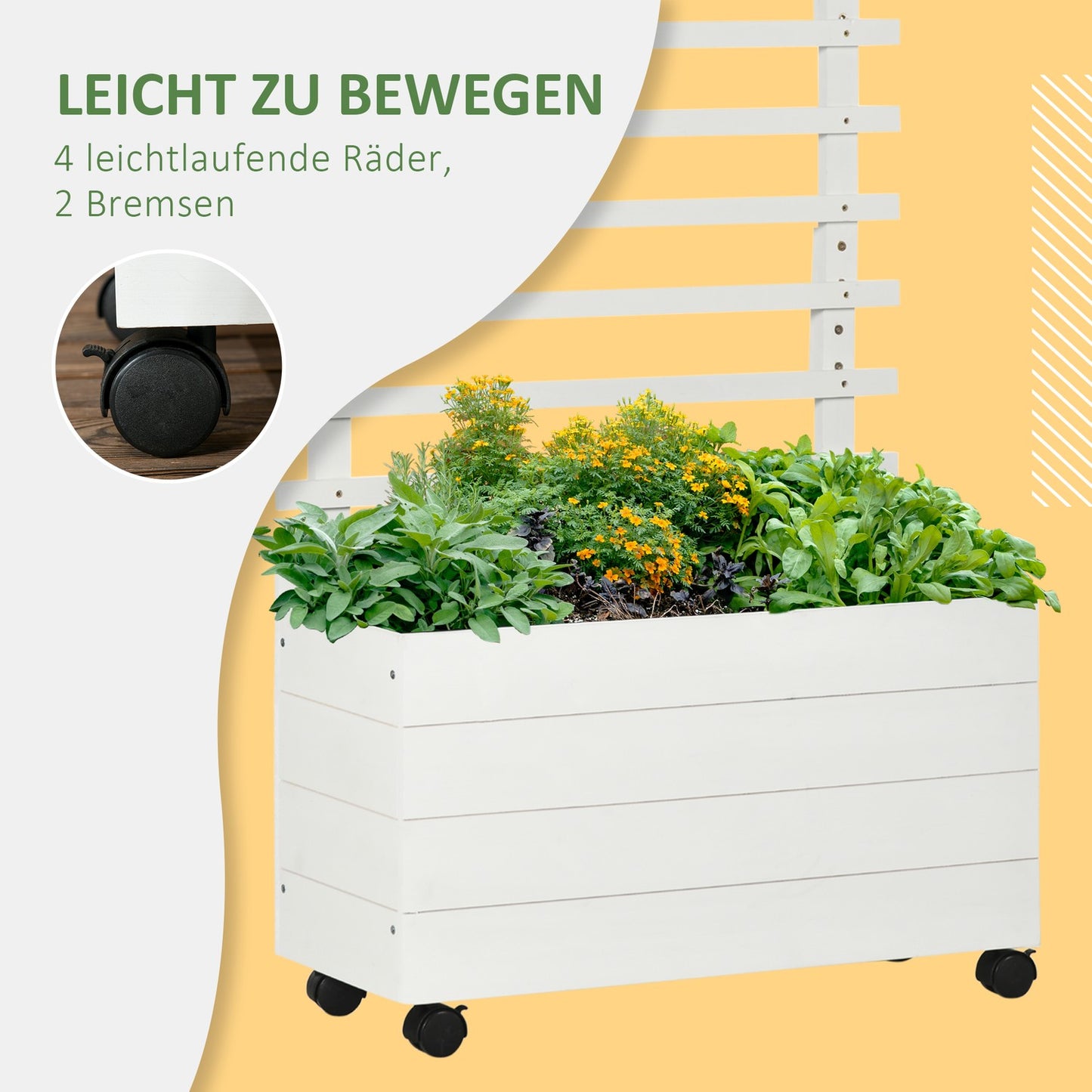 Garden planter box with trellis, wheels, natural wood