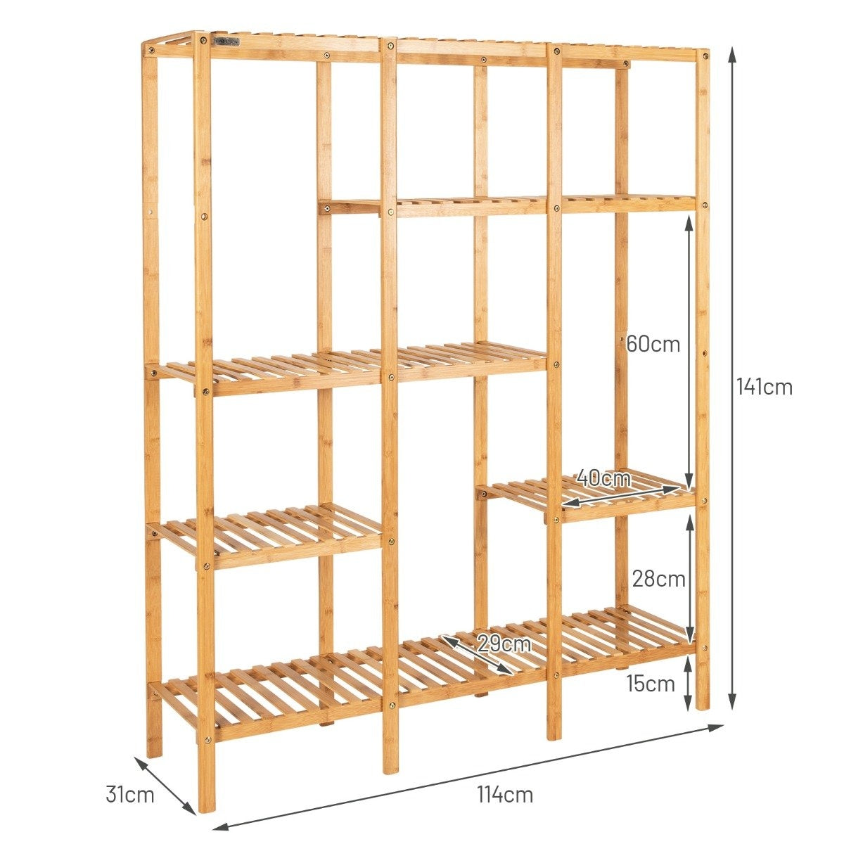 Plant shelf bamboo standing shelf with 5 levels flower stairs plant stand with hanging frame 114 x 31 x 141 cm natural