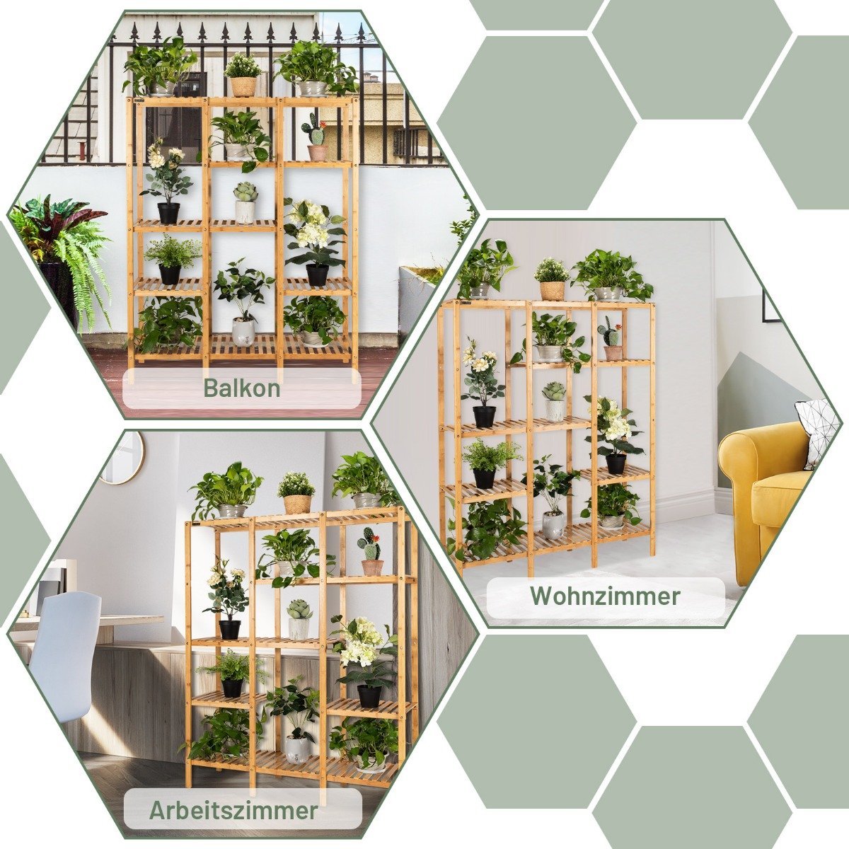 Plant shelf bamboo standing shelf with 5 levels flower stairs plant stand with hanging frame 114 x 31 x 141 cm natural