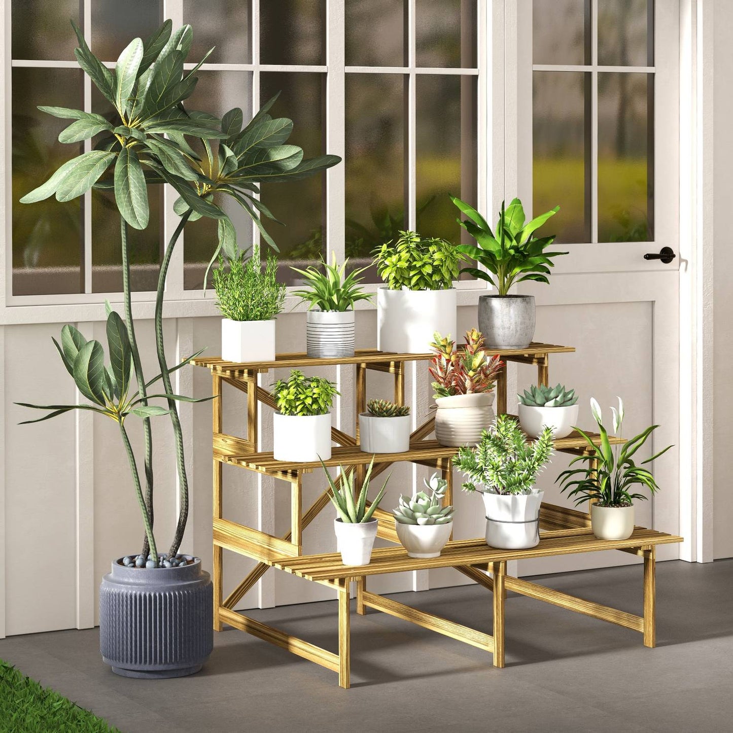 3-step spruce wood plant shelf for garden or balcony