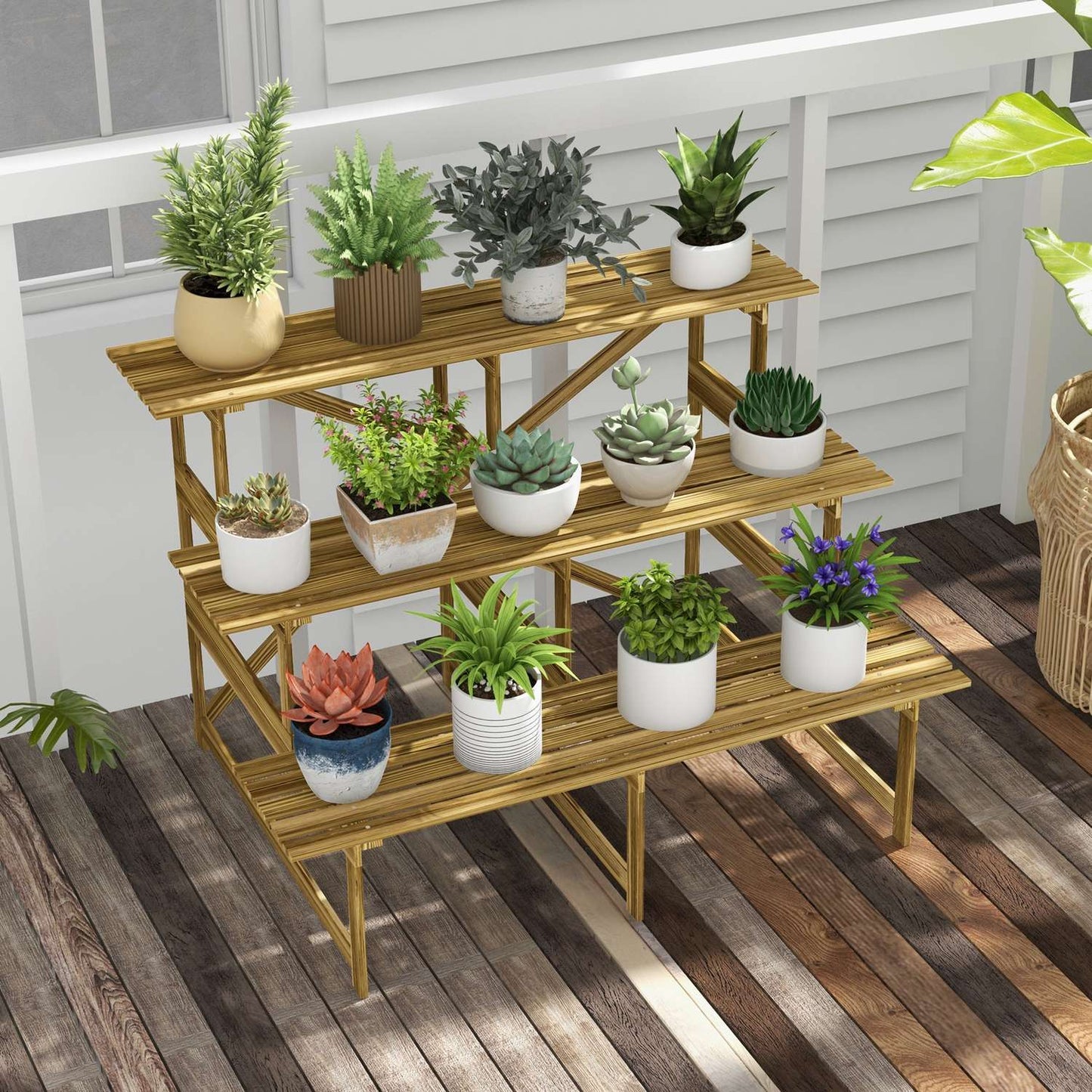 3-step spruce wood plant shelf for garden or balcony