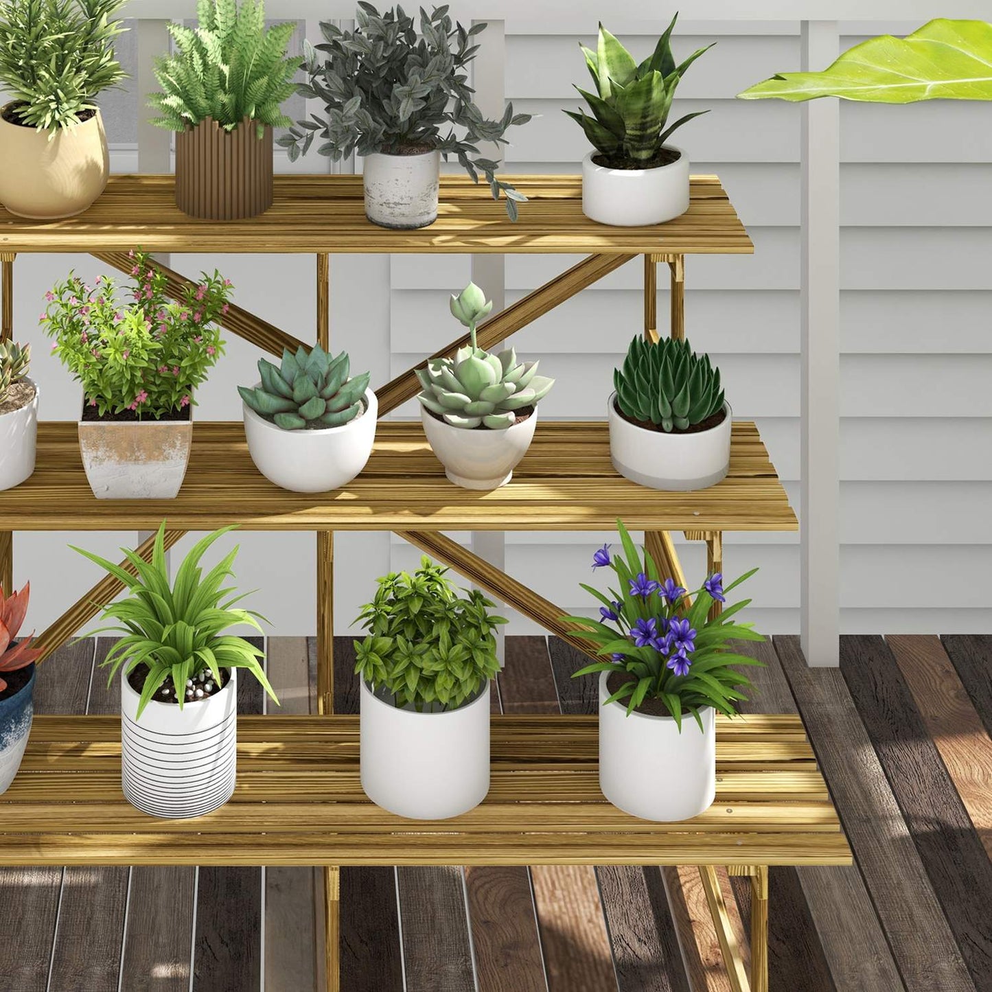 3-step spruce wood plant shelf for garden or balcony