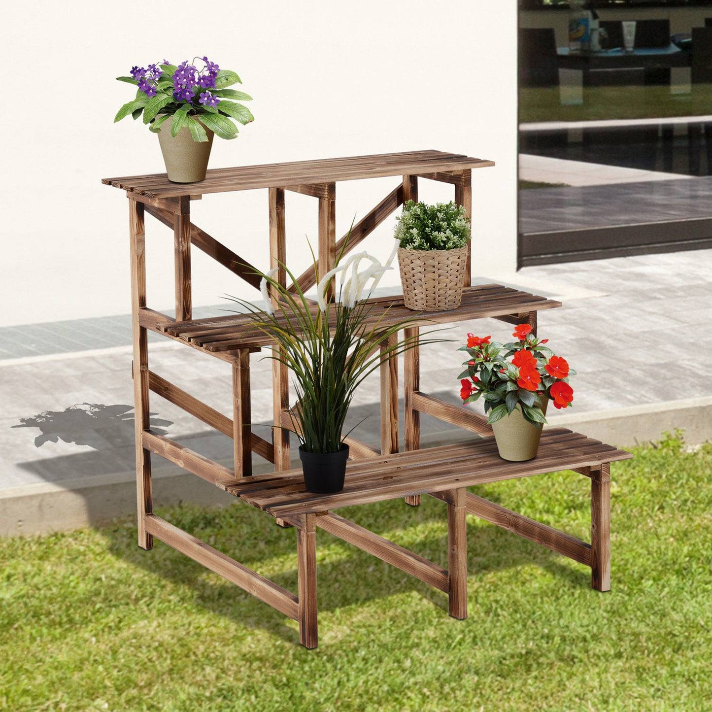 Wooden plant stand, 3-level flower shelf for garden and balcony