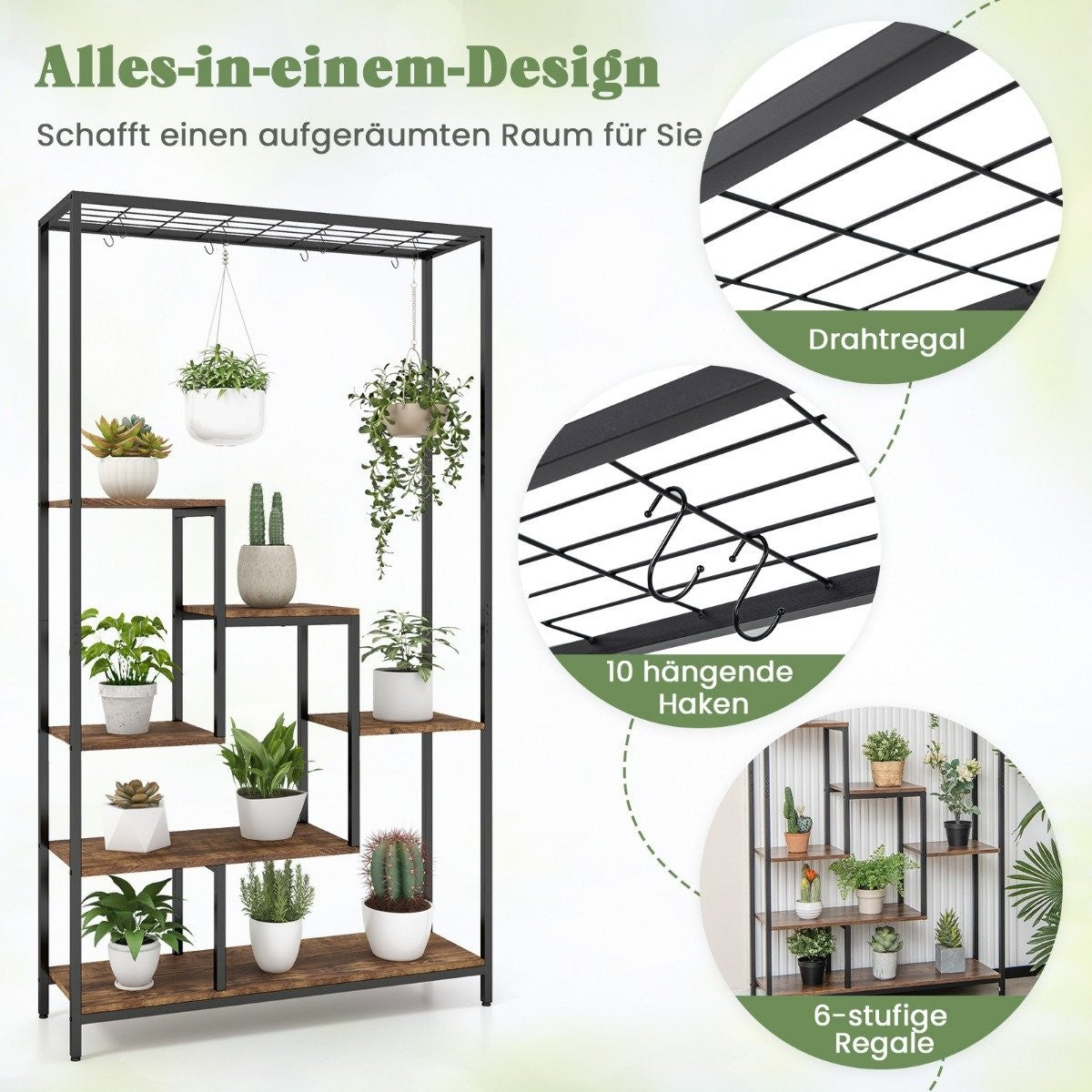 Plant stand 6 tiers 180 cm plant shelf metal with 10 S-hooks black + rustic brown