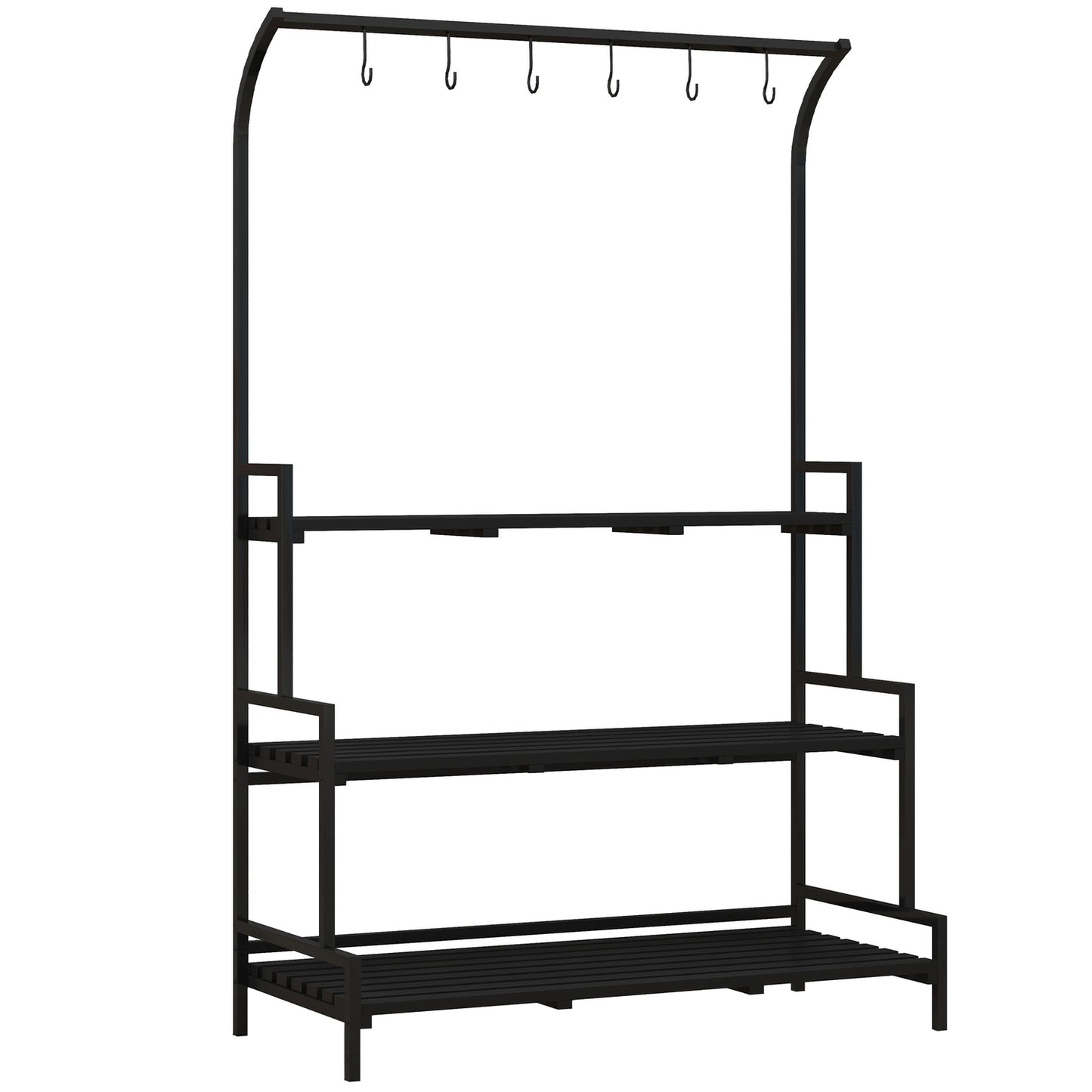 Black Steel Plant Stand - 3 Tiers, 6 Hooks, 110x50x170cm