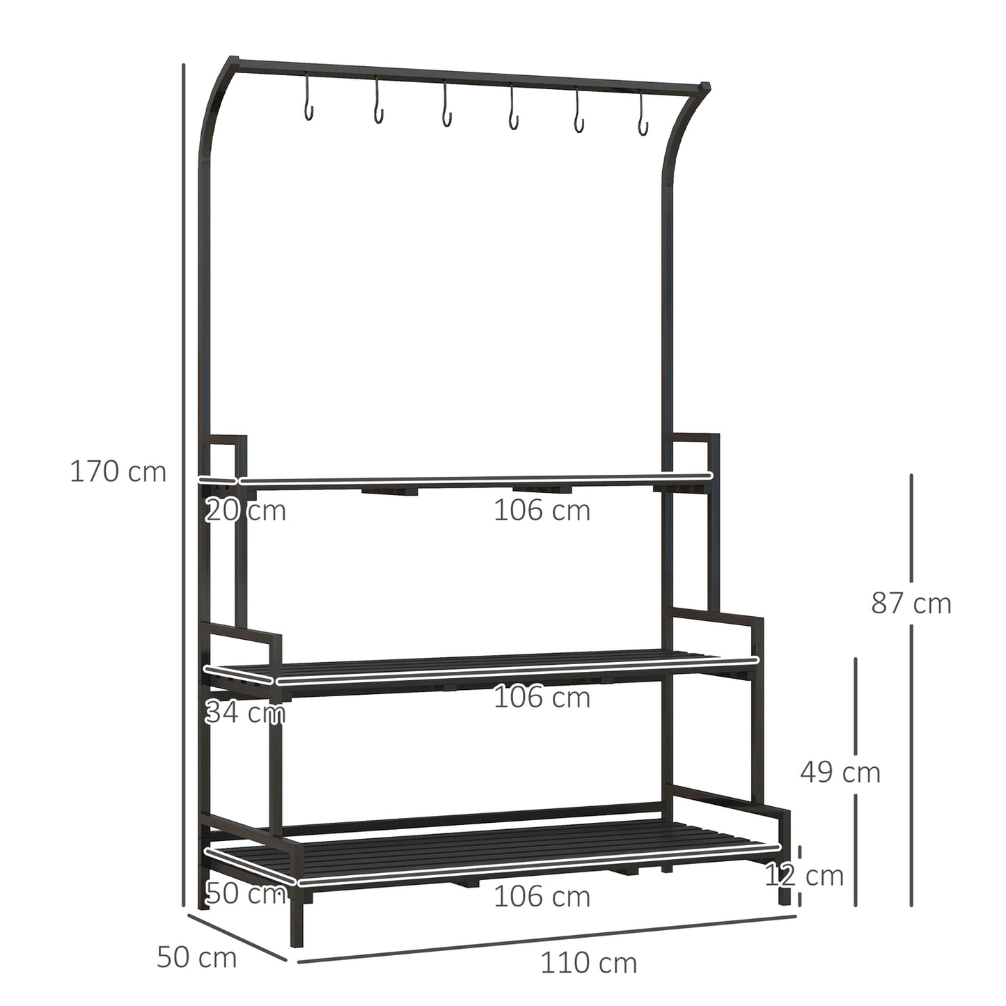 Black Steel Plant Stand - 3 Tiers, 6 Hooks, 110x50x170cm