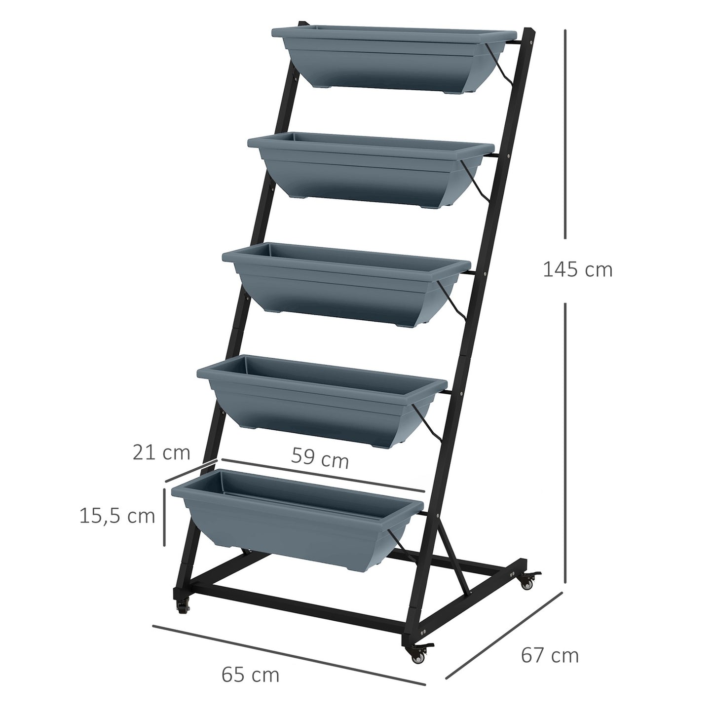 Steel rack with wheels - 5 tiers, gray finish