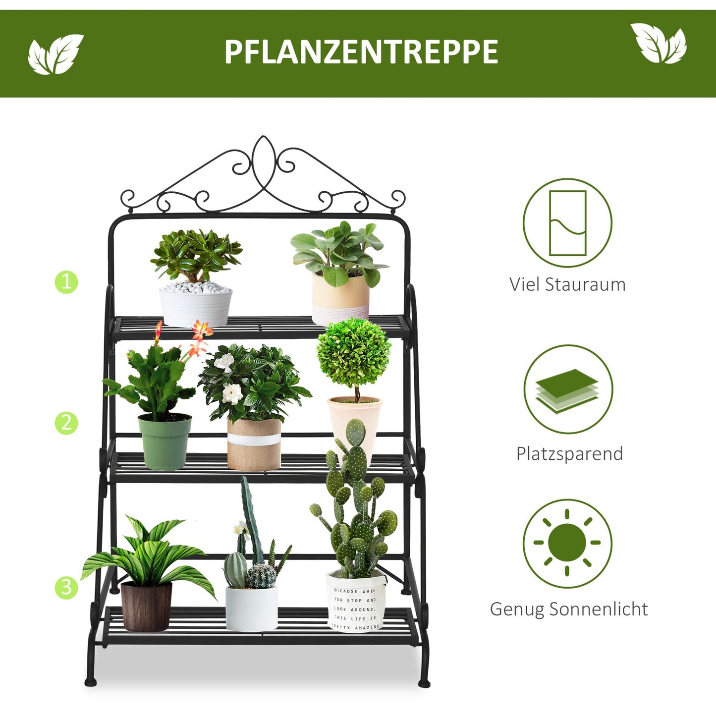 Plant stand in 3 levels in metal, adjustable for indoor and outdoor use