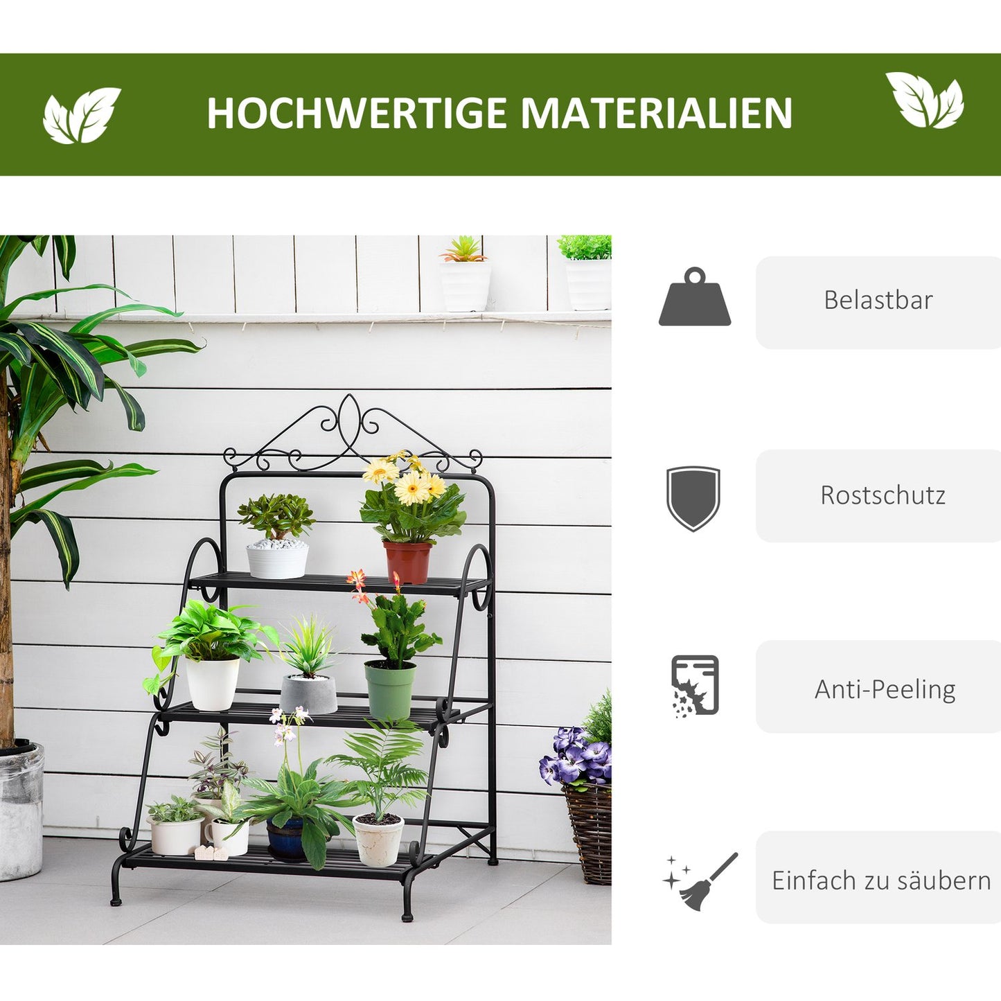 Plant stand in 3 levels in metal, adjustable for indoor and outdoor use