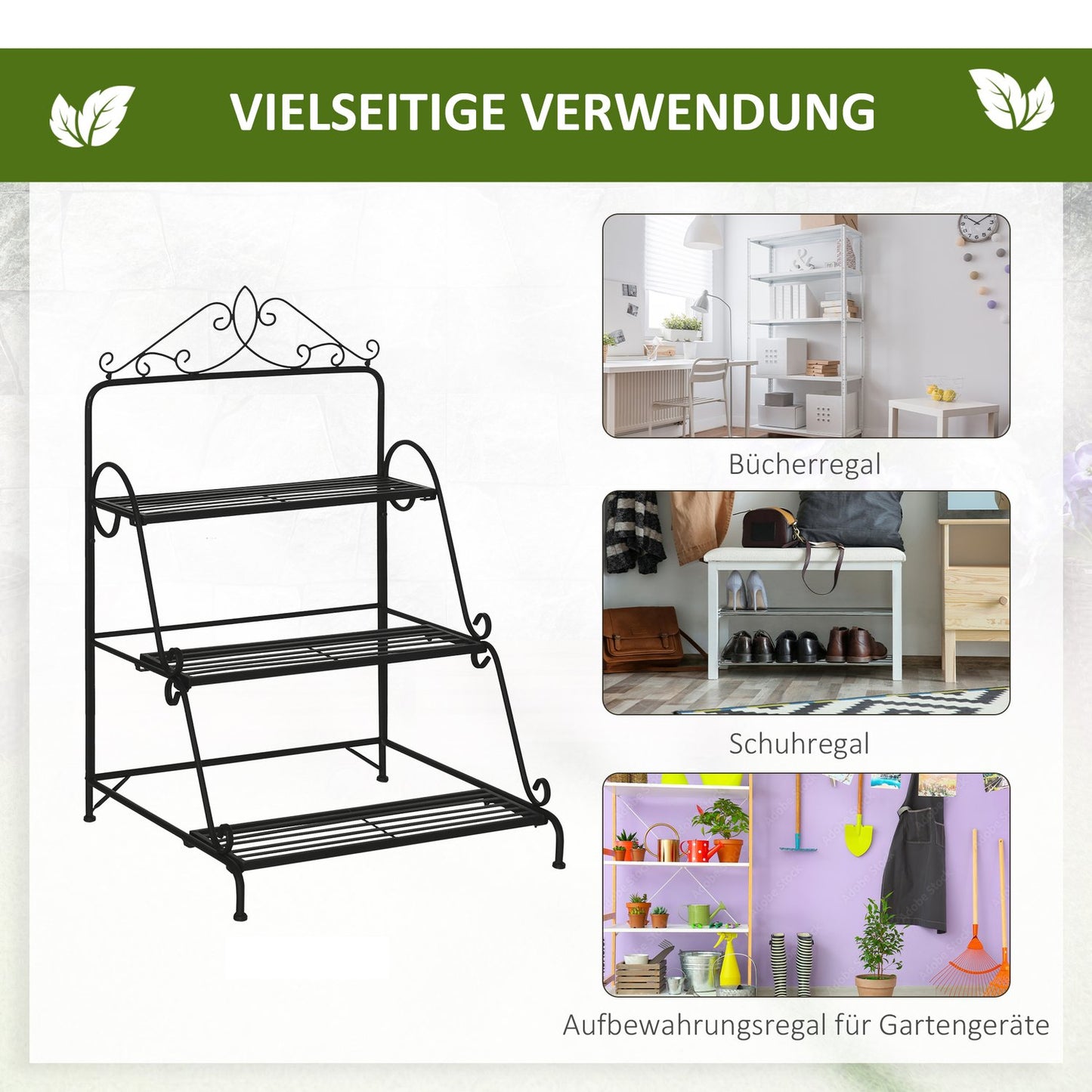 Plant stand in 3 levels in metal, adjustable for indoor and outdoor use