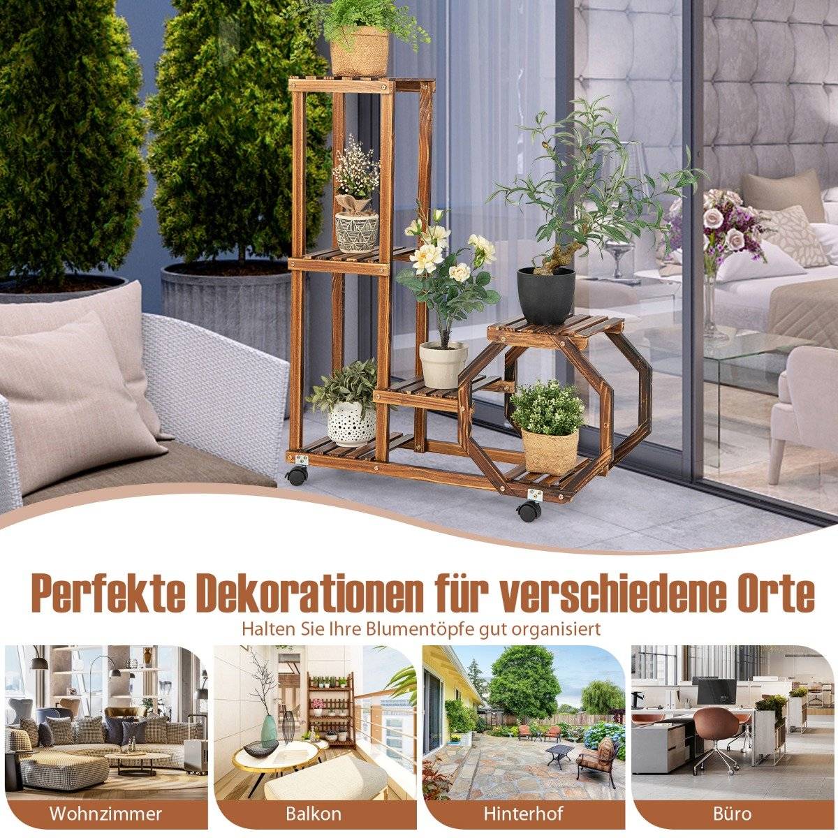 Plant stand with lockable and removable wheels 107 x 29 x 74 cm natural