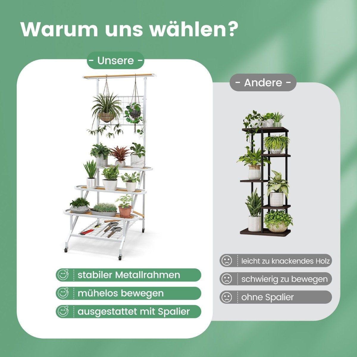 Plant stand with trellis metal flower stairs on wheels multi-purpose shelf 80 x 85 x 175 cm white