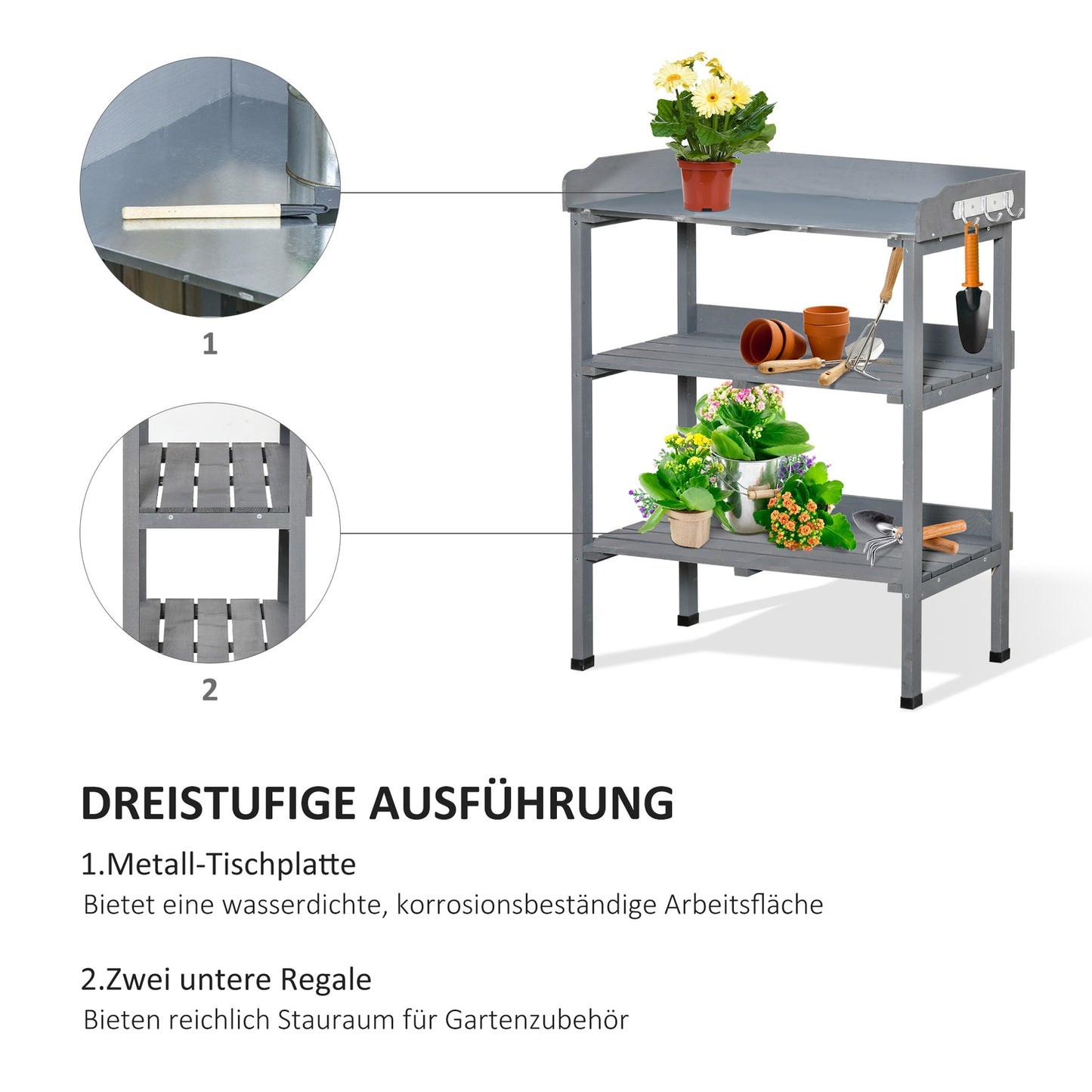 Garden planting table, metal & wood, 76x37x89cm