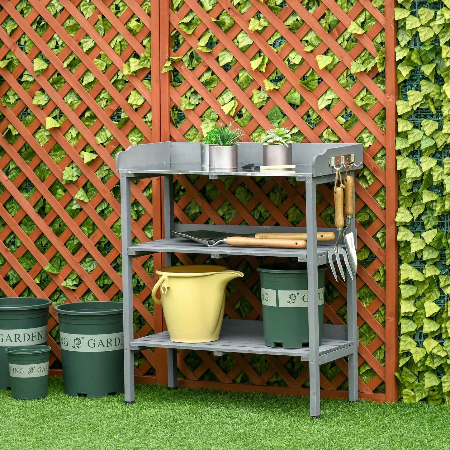 Garden planting table, metal & wood, 76x37x89cm