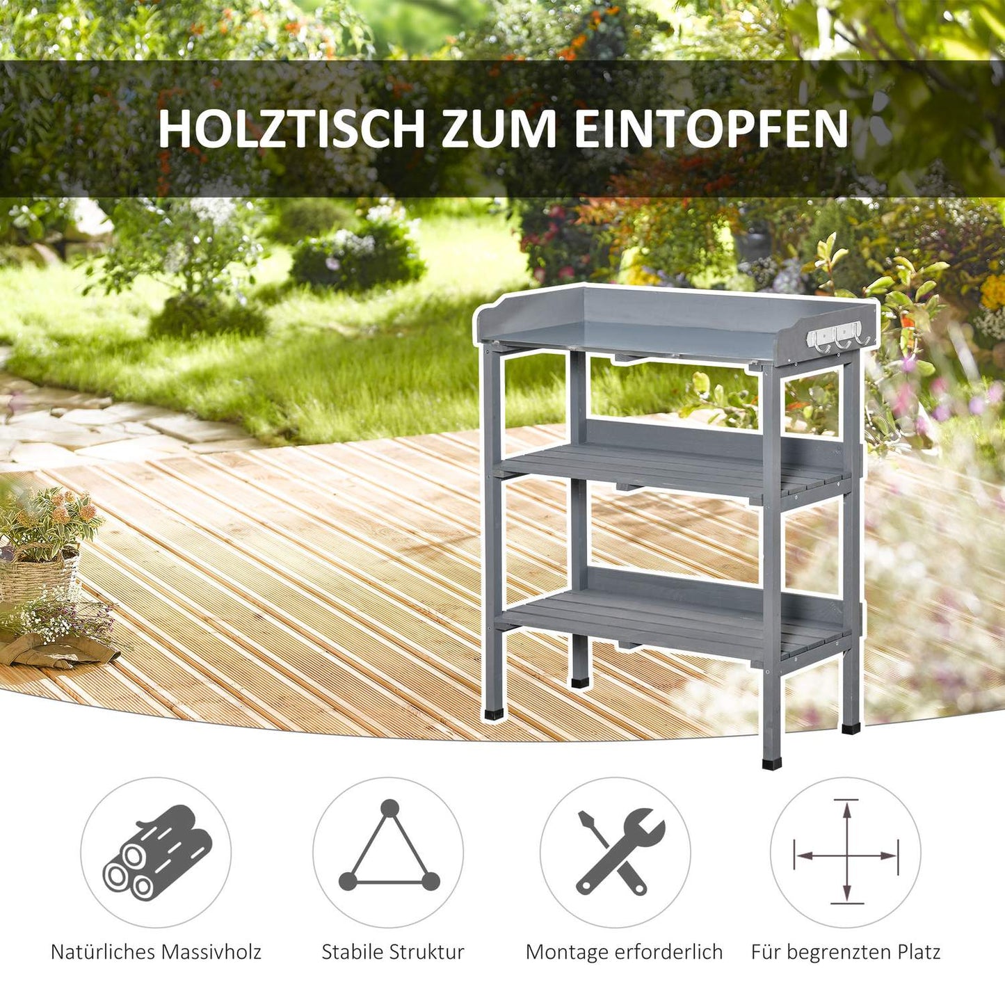 Garden planting table, metal & wood, 76x37x89cm