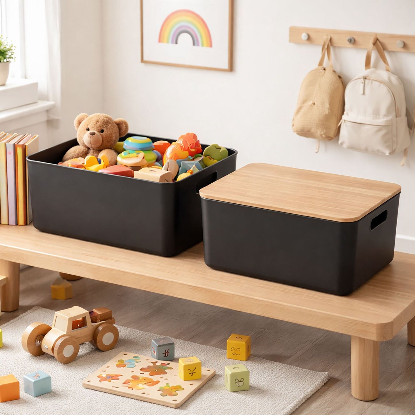 Plastic Storage Box Set with Bamboo Lid, Stackable