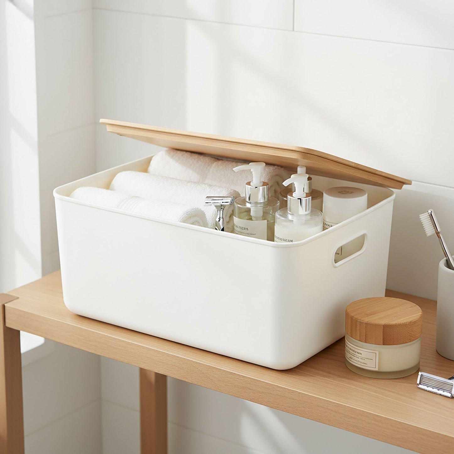 Plastic Storage Box Set with Bamboo Lid, Stackable Organisers