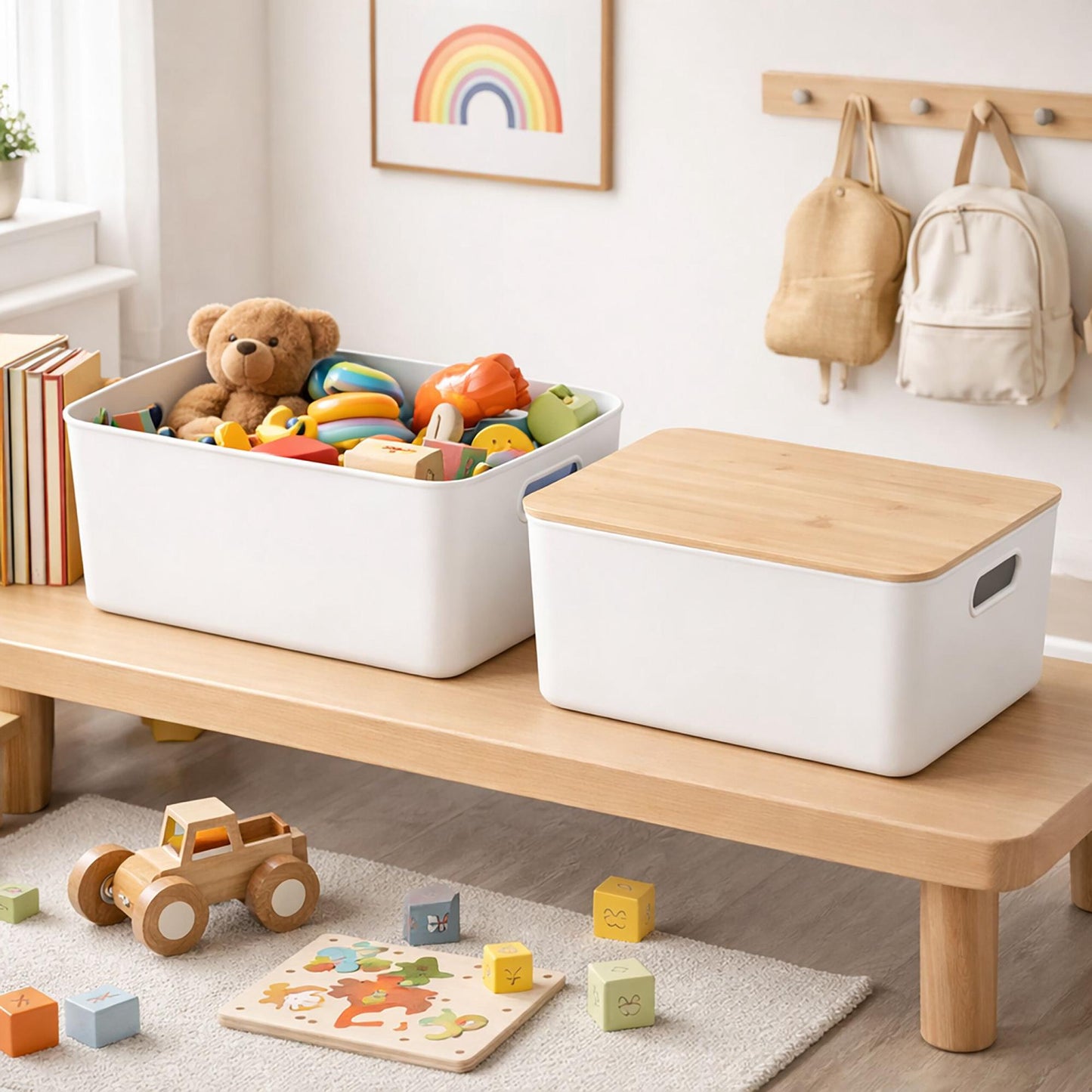 Plastic Storage Box Set with Bamboo Lid, Stackable Organisers