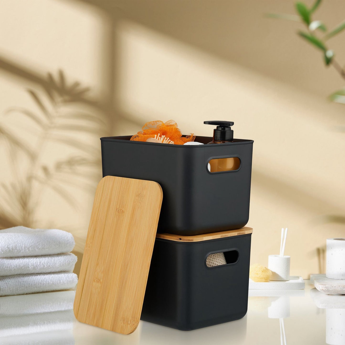 Plastic Storage Box Set with Bamboo Lids, Stackable