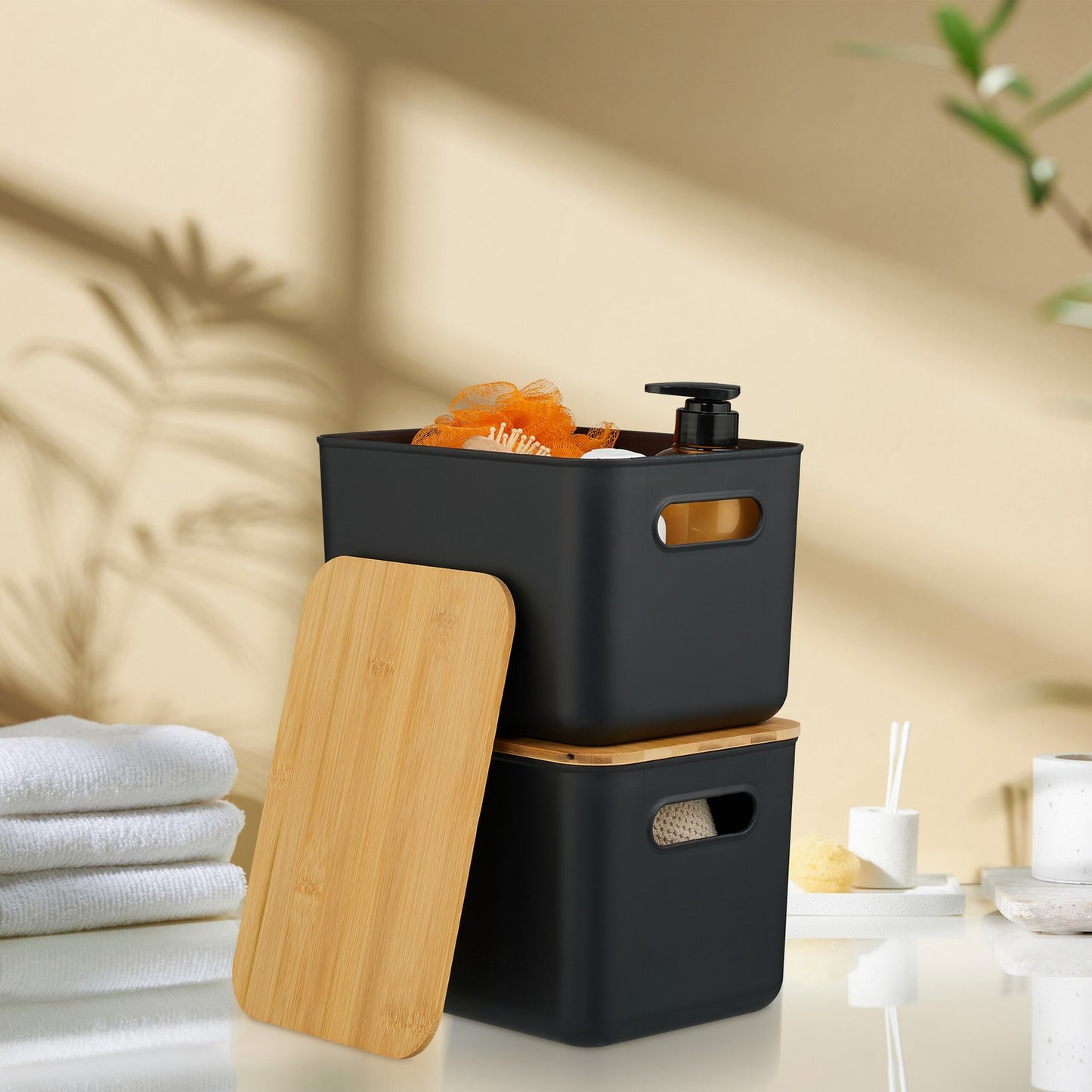 Plastic Storage Boxes with Bamboo Lids, Set of 2