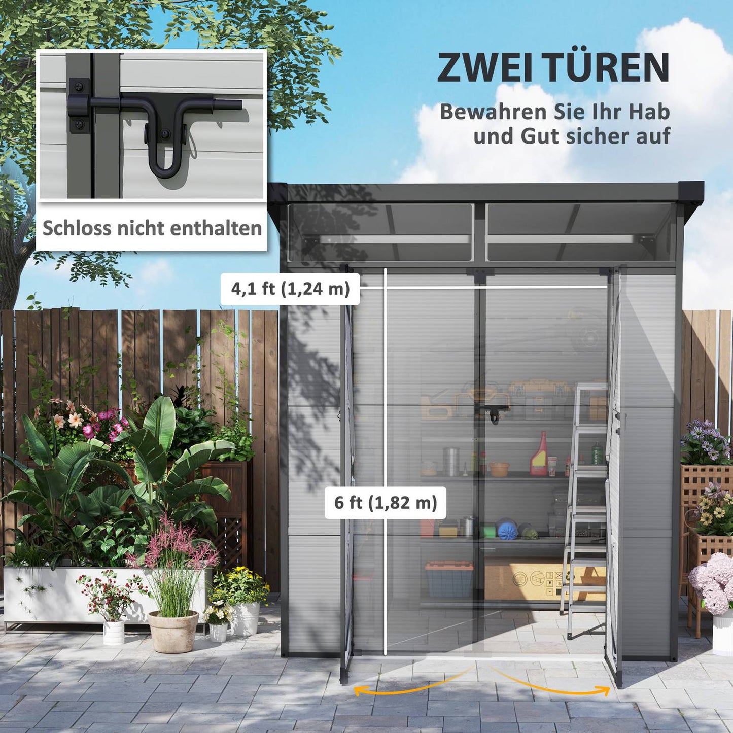 Plastic tool shed - 3.24 m³, lockable, weatherproof, light grey