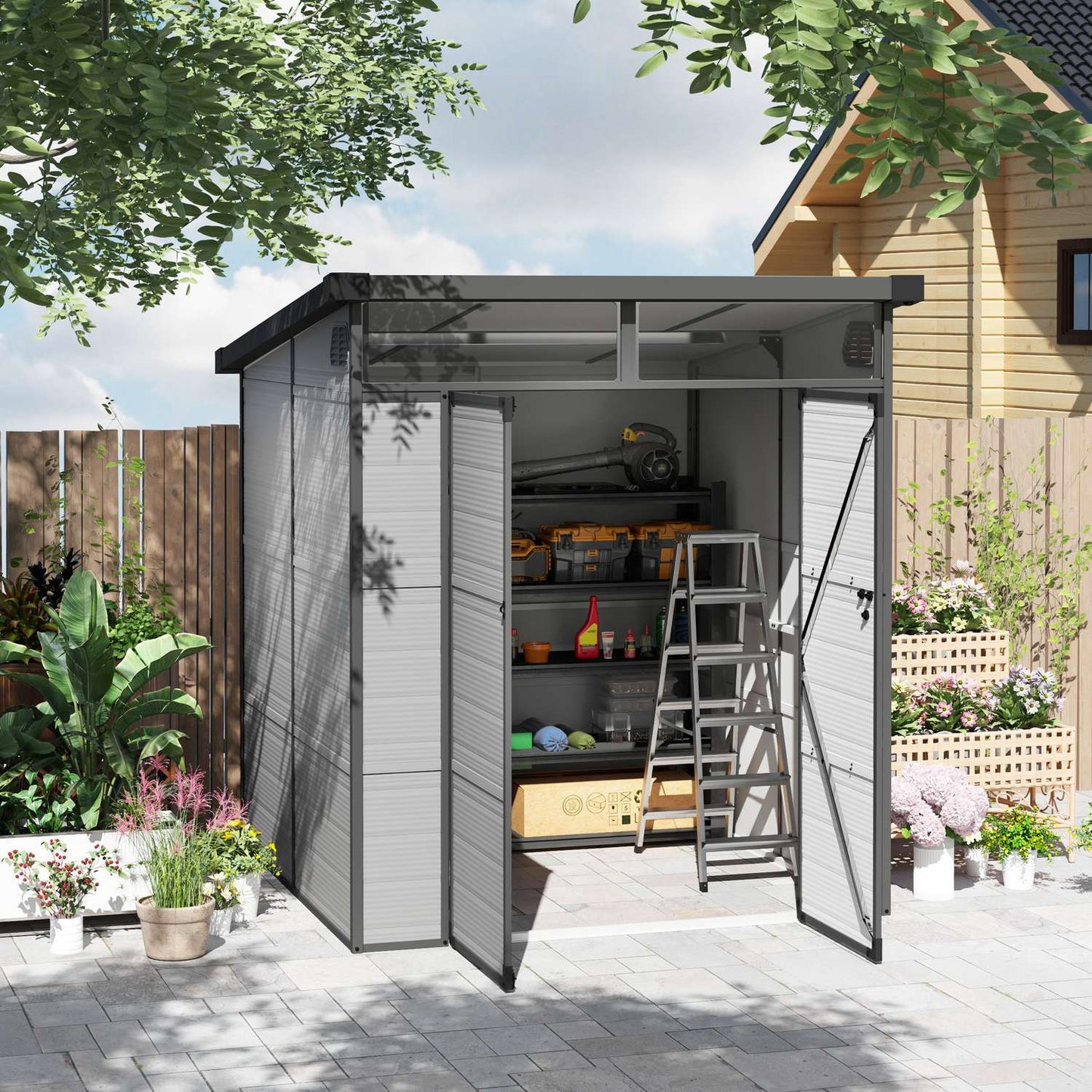 Plastic tool shed - 3.24 m³, lockable, weatherproof, light grey