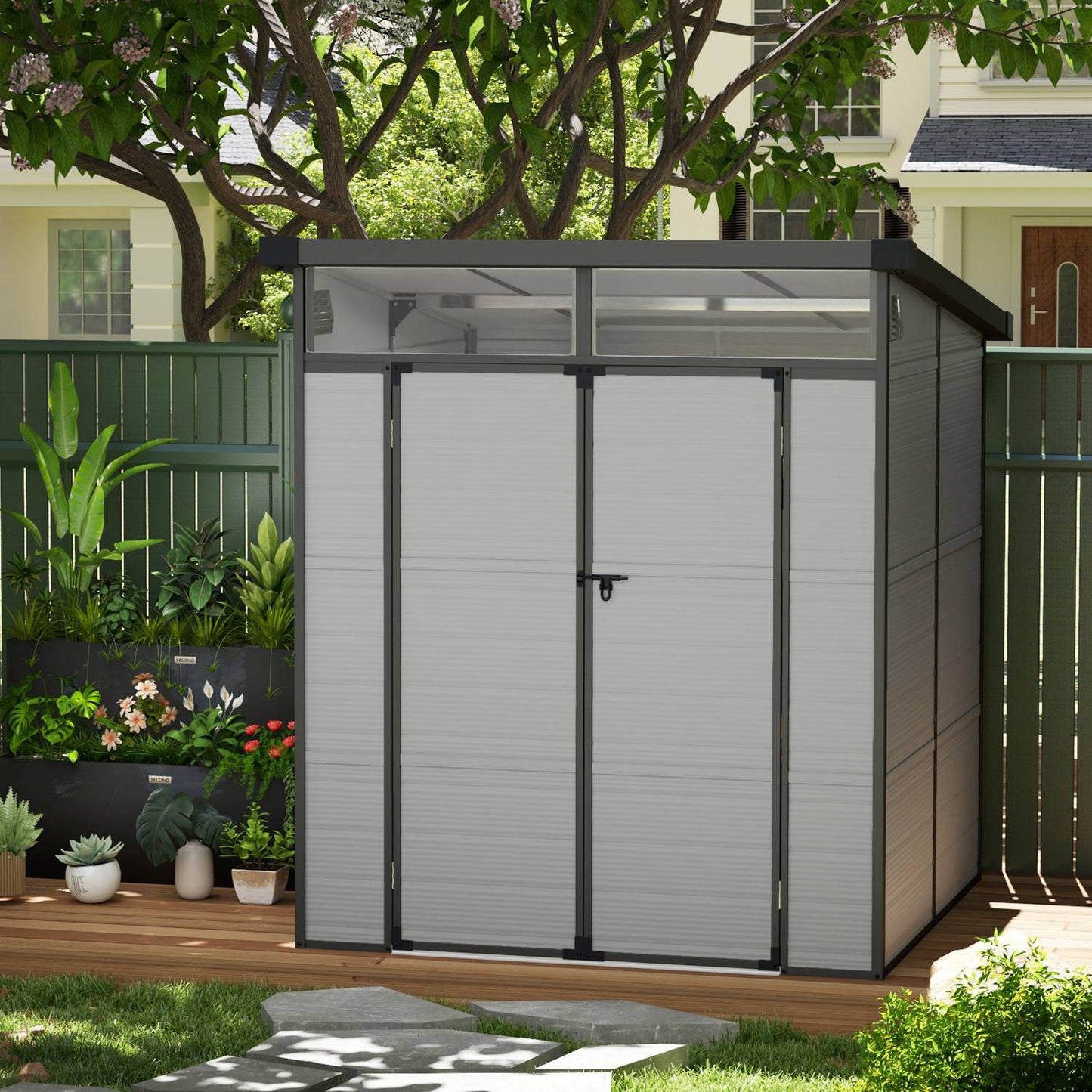 Plastic tool shed - 3.24 m³, lockable, weatherproof, light grey