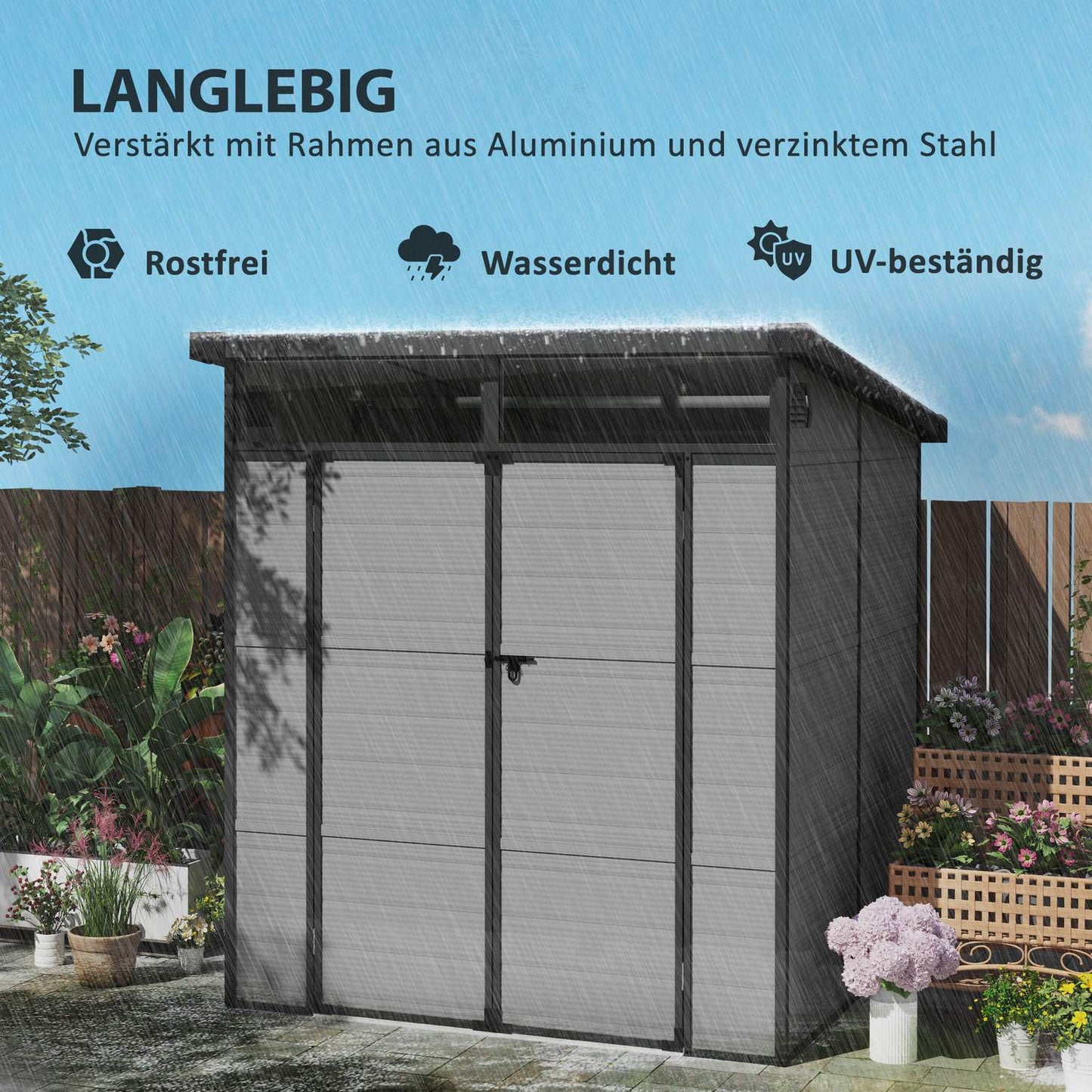 Plastic tool shed - 3.24 m³, lockable, weatherproof, light grey