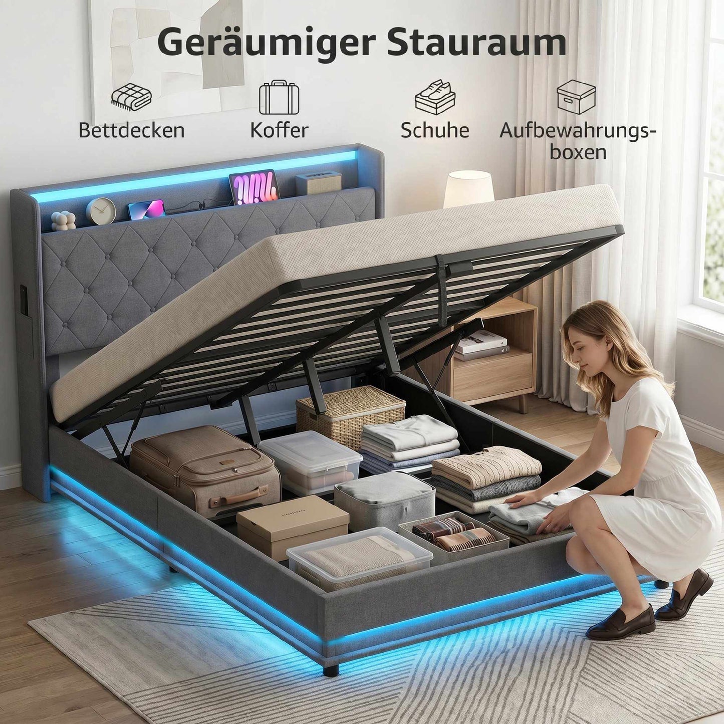 Platform Bed Frame 140x200 cm with Storage & LED Lights