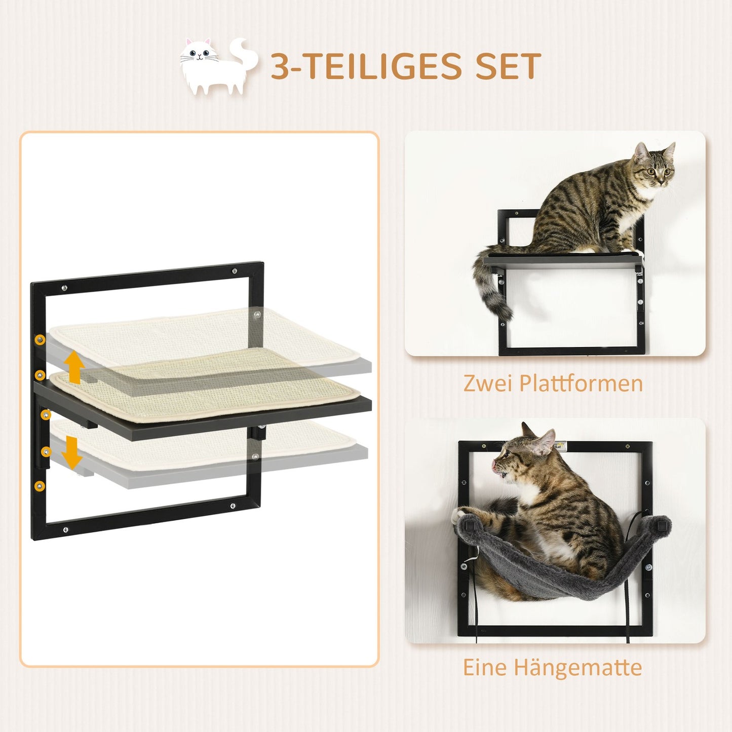 Wall-mounted black hammock platform for cats and pets