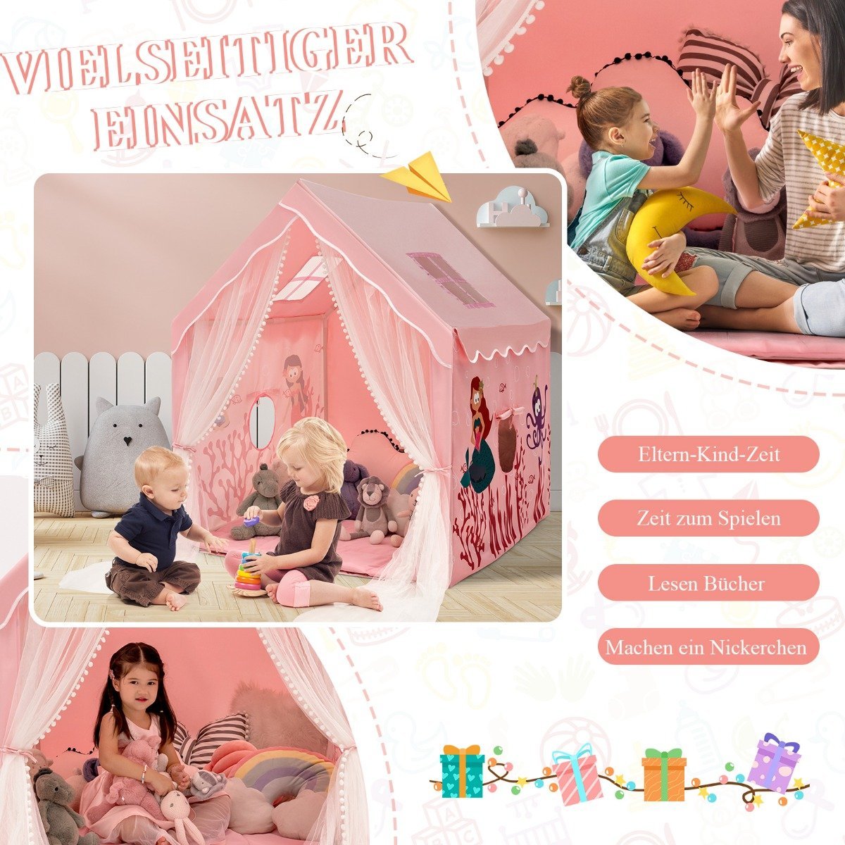 Play Tent Large Children's Tent Indoor Play Tent with Mat Door Curtain 121 x 105 x 137 cm Pink