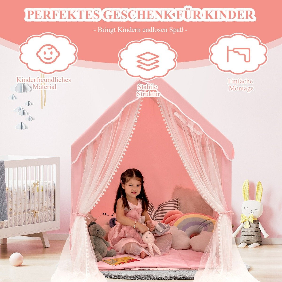 Play Tent Large Children's Tent Indoor Play Tent with Mat Door Curtain 121 x 105 x 137 cm Pink