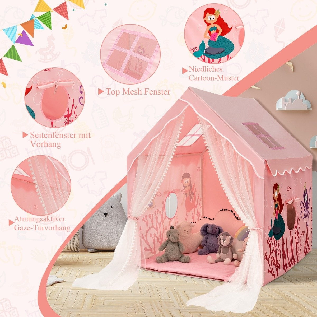 Play Tent Large Children's Tent Indoor Play Tent with Mat Door Curtain 121 x 105 x 137 cm Pink