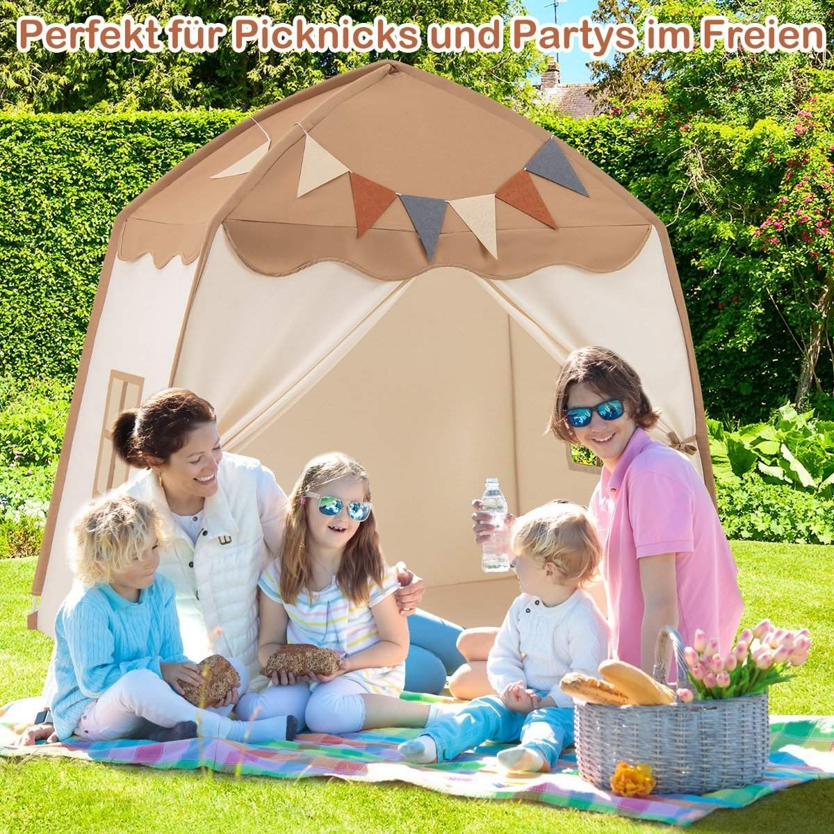 Playhouse Children's Indoor Children's Tent with Flags and Fairy Lights Princess Play Tent Coffee